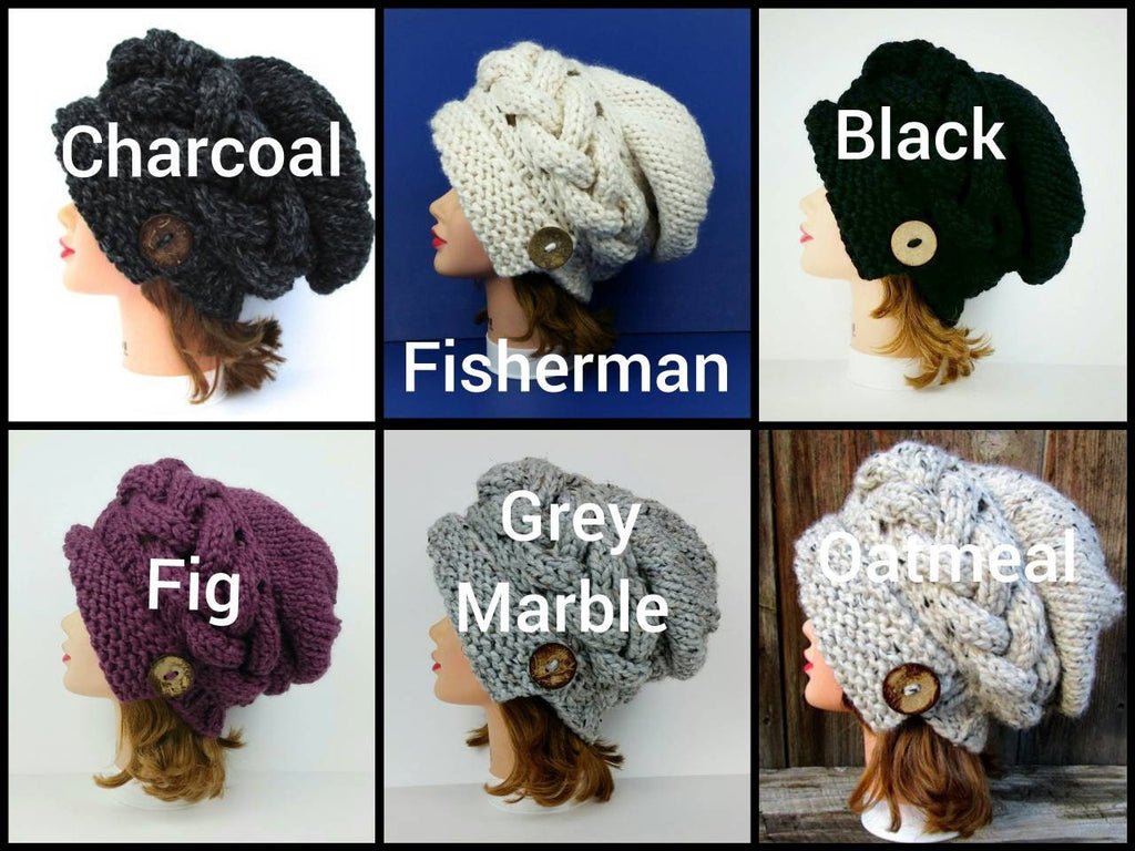 Chunky Knit Cloche Hat, Slouchy Cable Knit Beanie with Coconut Button, MADE TO ORDER