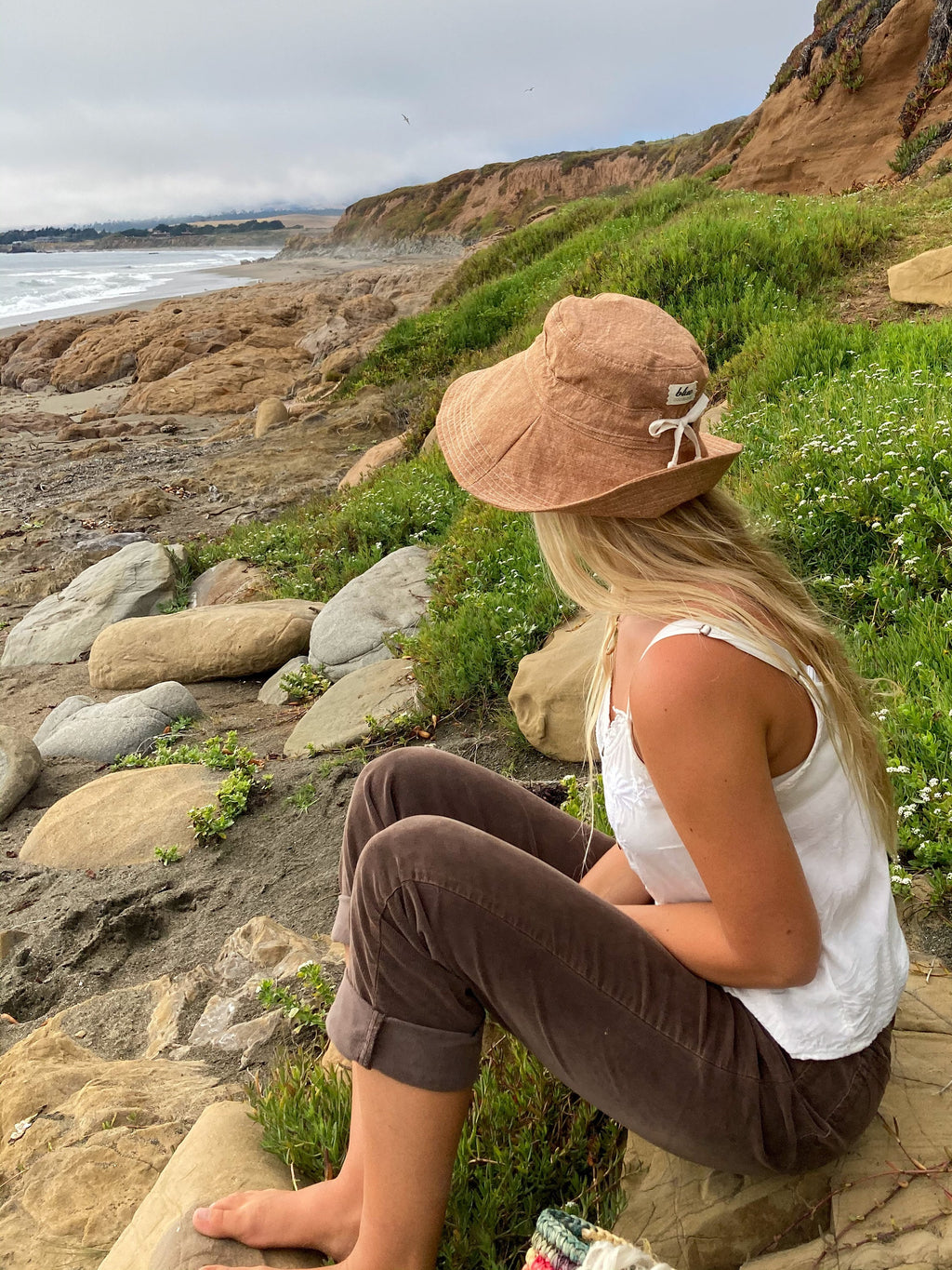 Wide Brim Sun Hat in Rust Linen Fabric for Women with Adjustable Fit