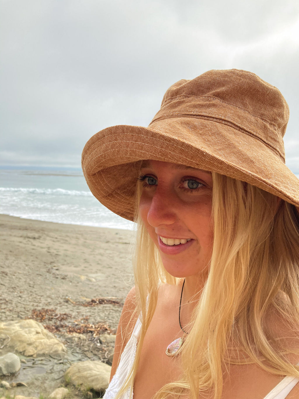 Wide Brim Sun Hat in Rust Linen Fabric for Women with Adjustable Fit