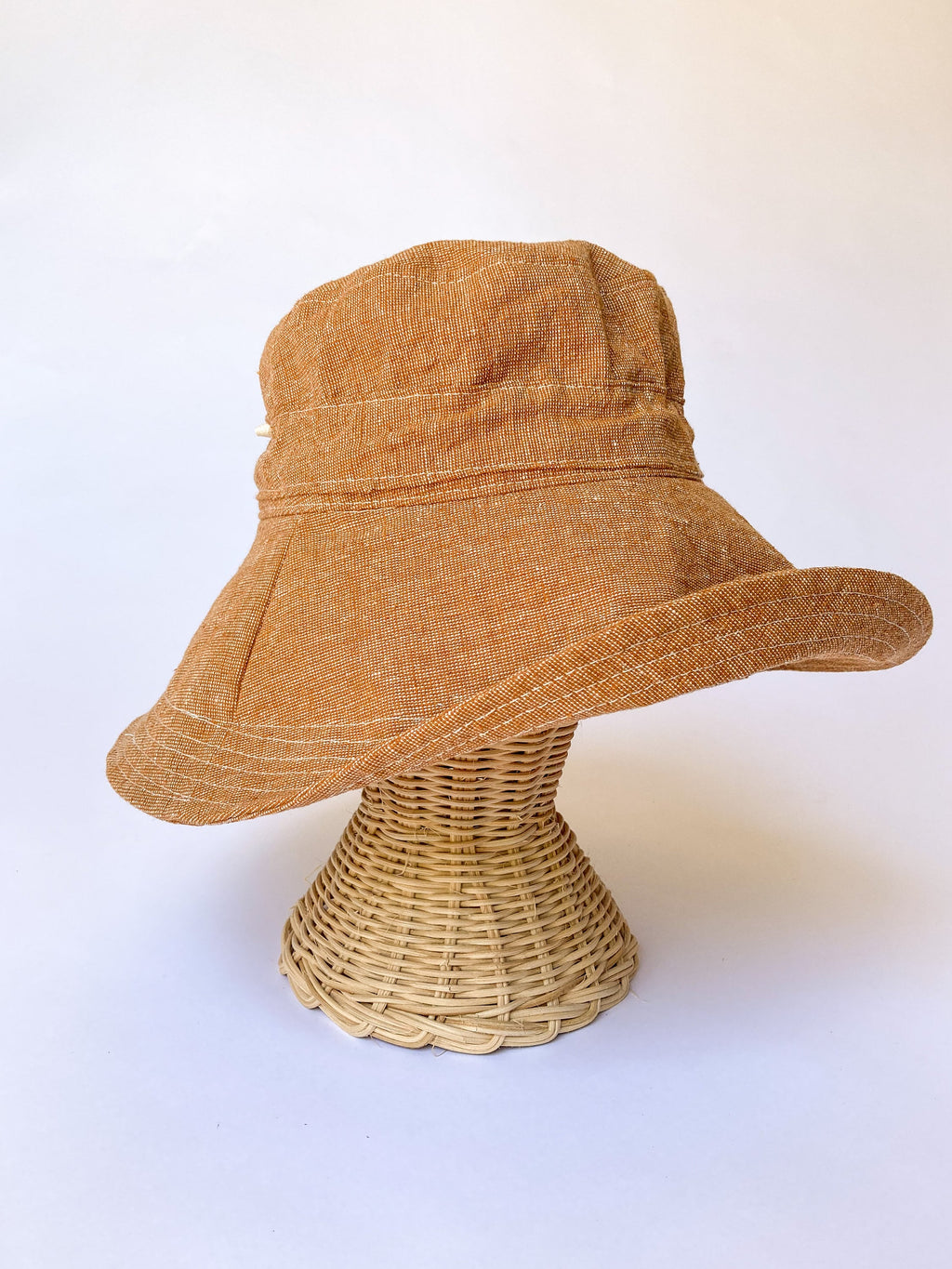Wide Brim Sun Hat in Rust Linen Fabric for Women with Adjustable Fit