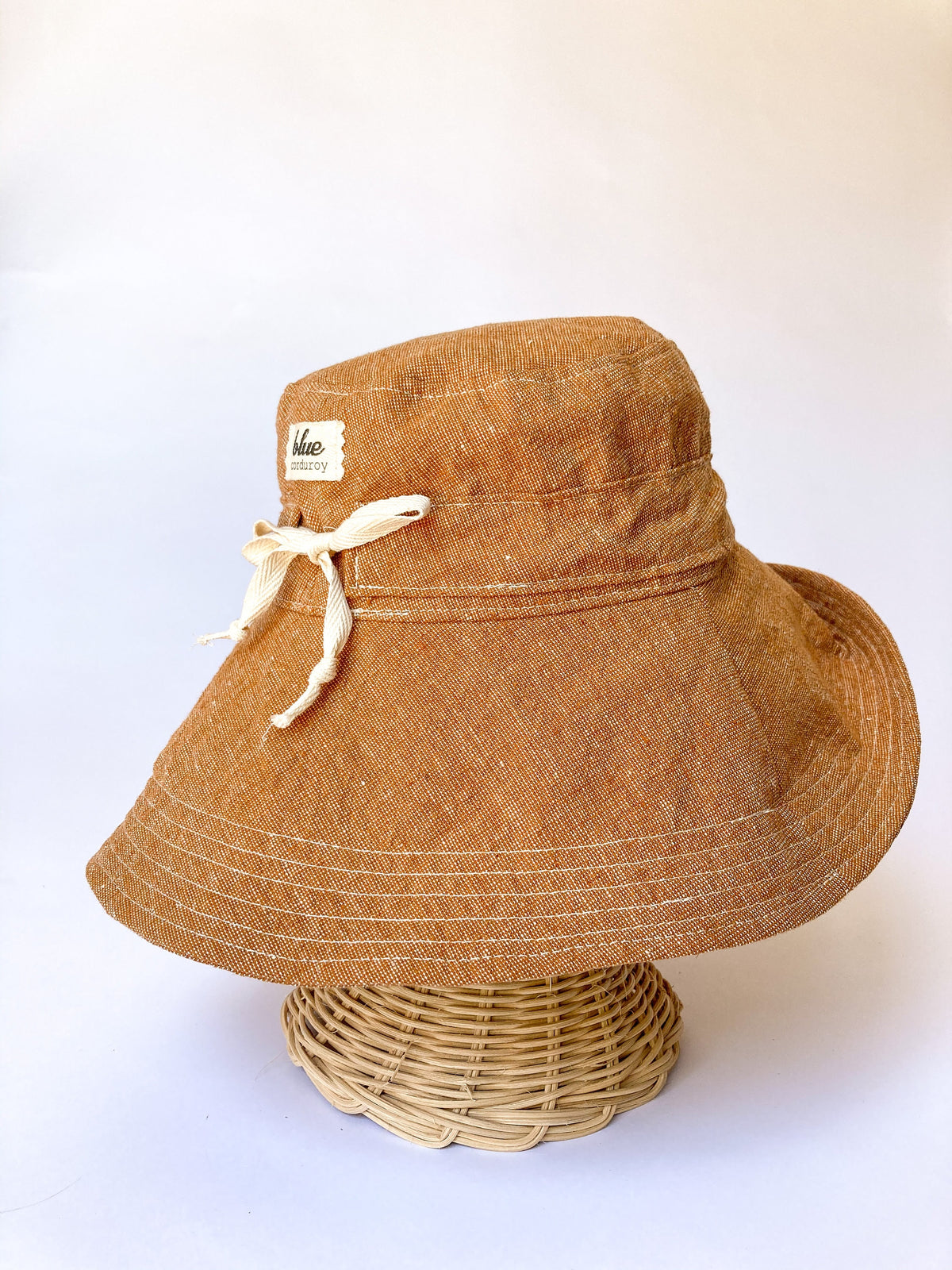 Wide Brim Sun Hat in Rust Linen Fabric for Women with Adjustable Fit