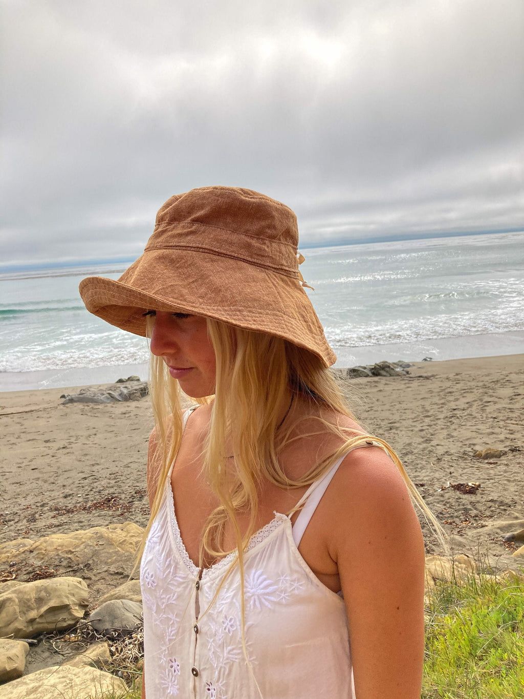 Wide Brim Sun Hat in Rust Linen Fabric for Women with Adjustable Fit