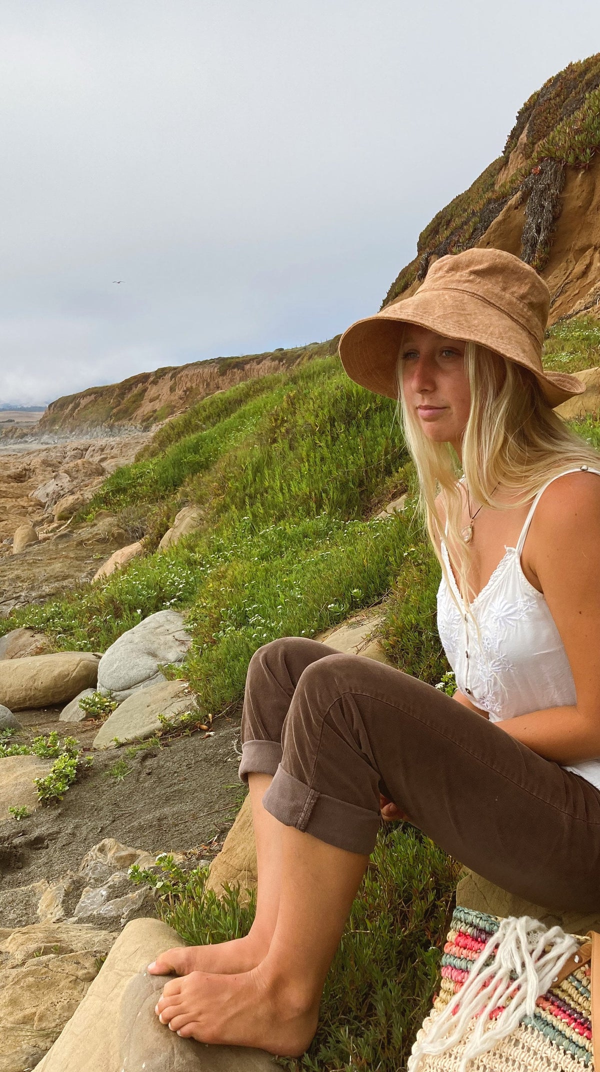 Wide Brim Sun Hat in Rust Linen Fabric for Women with Adjustable Fit