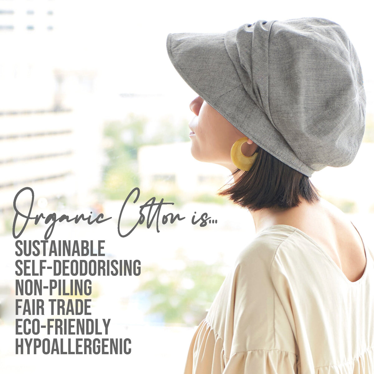 Chemo Headwear Organic Cotton Lined Newsboy Cap, Cloche Hat Women, Wide Brim Sun Hat