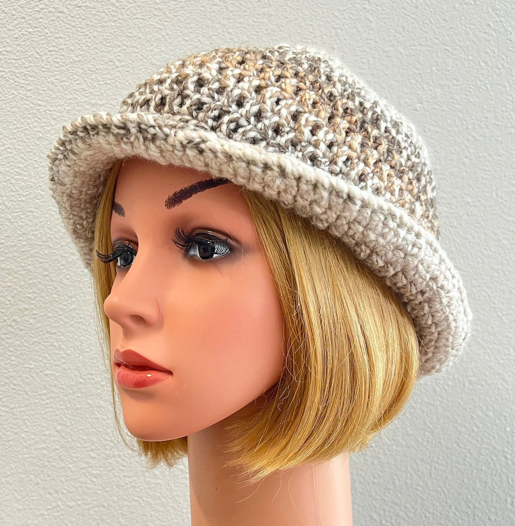 Tweedy slight turned up brim hat, crochet bucket hat, rolled brim hat, sun/rain hat, cloche hat, flower hat, brimmed beanie, free shipping.