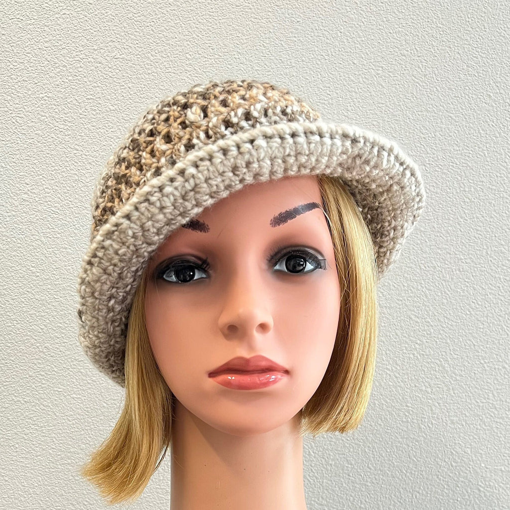 Tweedy slight turned up brim hat, crochet bucket hat, rolled brim hat, sun/rain hat, cloche hat, flower hat, brimmed beanie, free shipping.