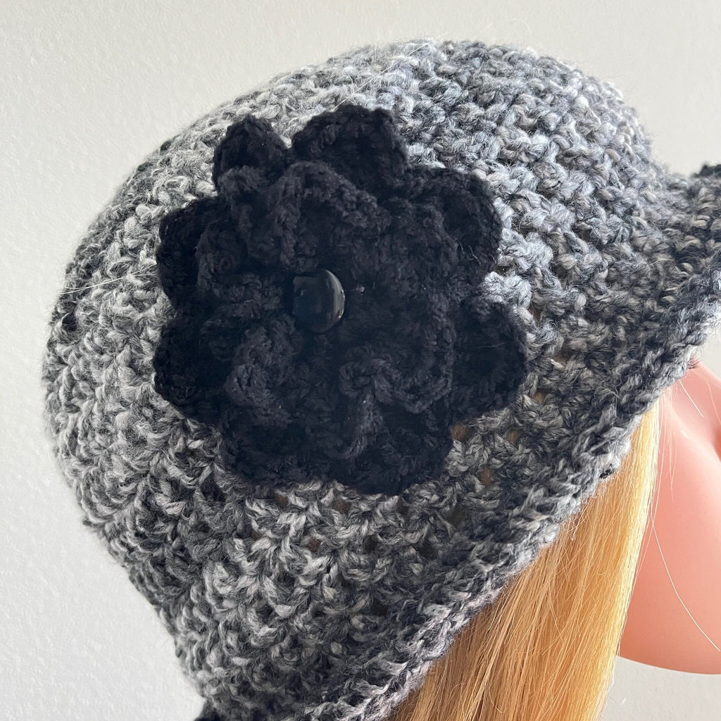 Tweedy slight turned up brim hat, crochet bucket hat, rolled brim hat, sun/rain hat, cloche hat, flower hat, brimmed beanie, free shipping.