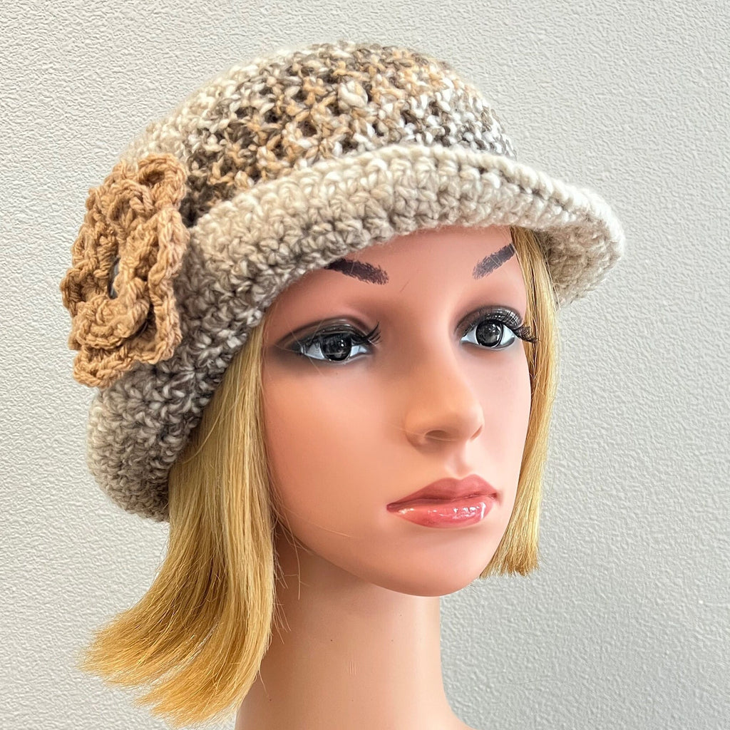 Tweedy slight turned up brim hat, crochet bucket hat, rolled brim hat, sun/rain hat, cloche hat, flower hat, brimmed beanie, free shipping.