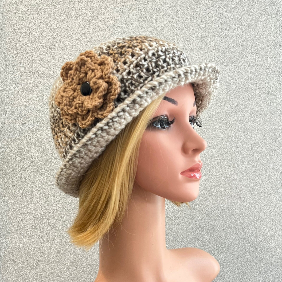 Tweedy slight turned up brim hat, crochet bucket hat, rolled brim hat, sun/rain hat, cloche hat, flower hat, brimmed beanie, free shipping.
