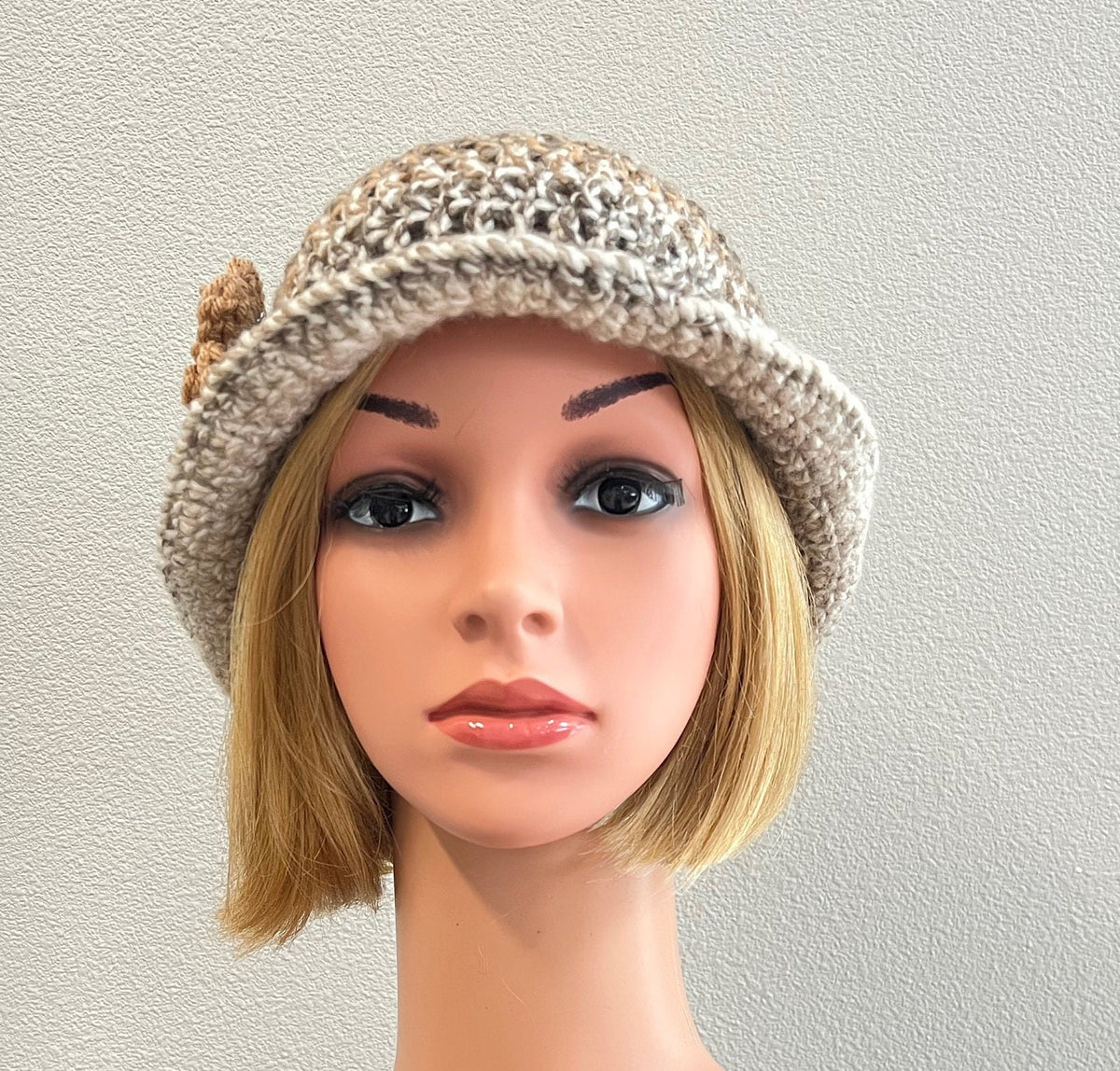 Tweedy slight turned up brim hat, crochet bucket hat, rolled brim hat, sun/rain hat, cloche hat, flower hat, brimmed beanie, free shipping.