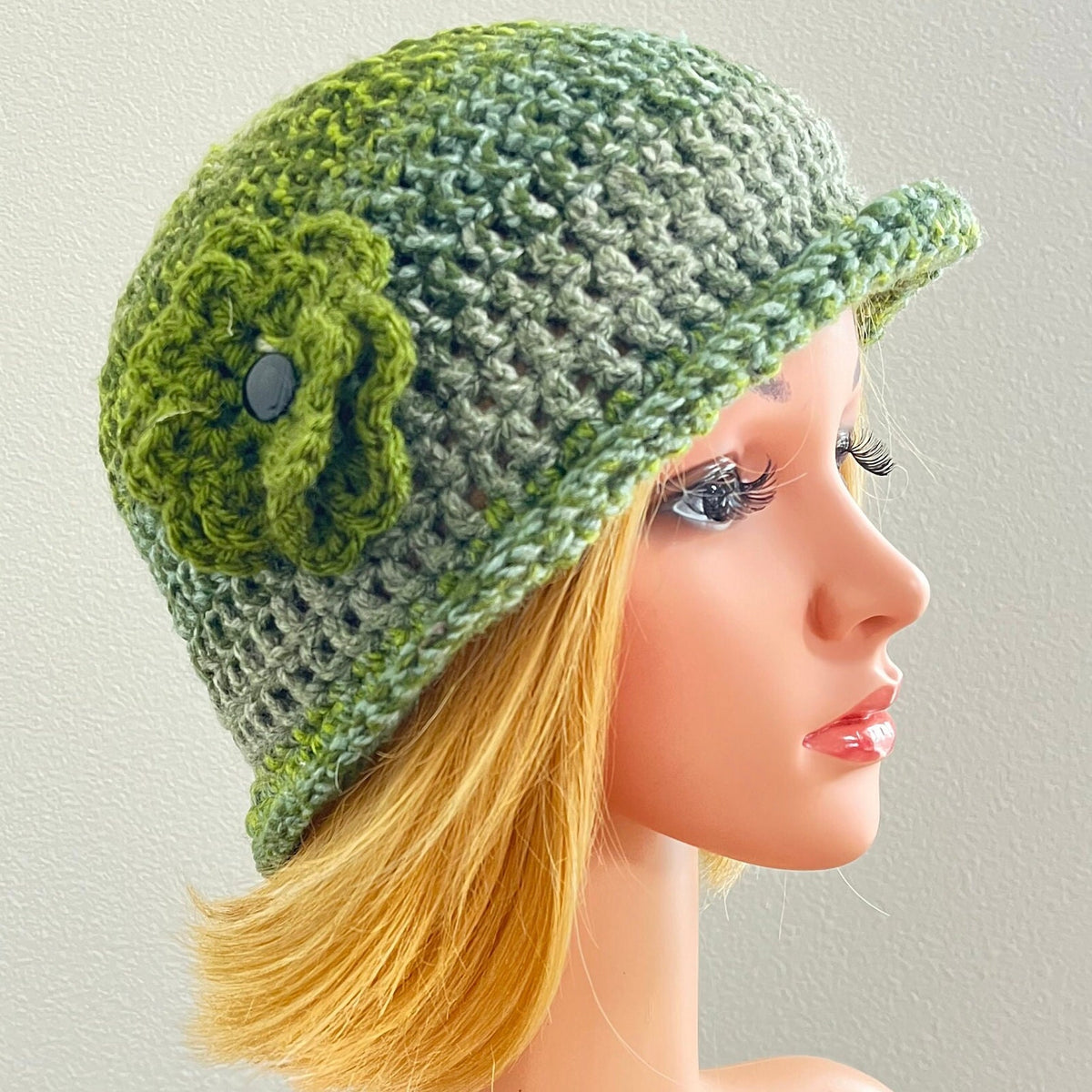 Tweedy slight turned up brim hat, crochet bucket hat, rolled brim hat, sun/rain hat, cloche hat, flower hat, brimmed beanie, free shipping.