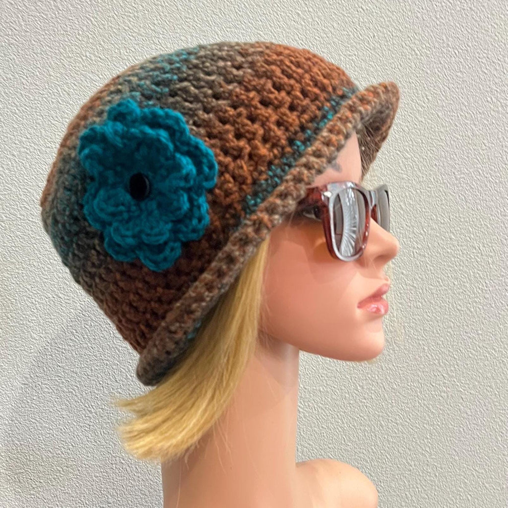 Tweedy slight turned up brim hat, crochet bucket hat, rolled brim hat, sun/rain hat, cloche hat, flower hat, brimmed beanie, free shipping.