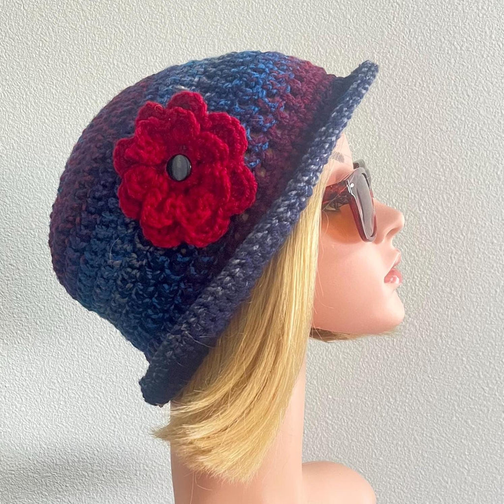 Tweedy slight turned up brim hat, crochet bucket hat, rolled brim hat, sun/rain hat, cloche hat, flower hat, brimmed beanie, free shipping.