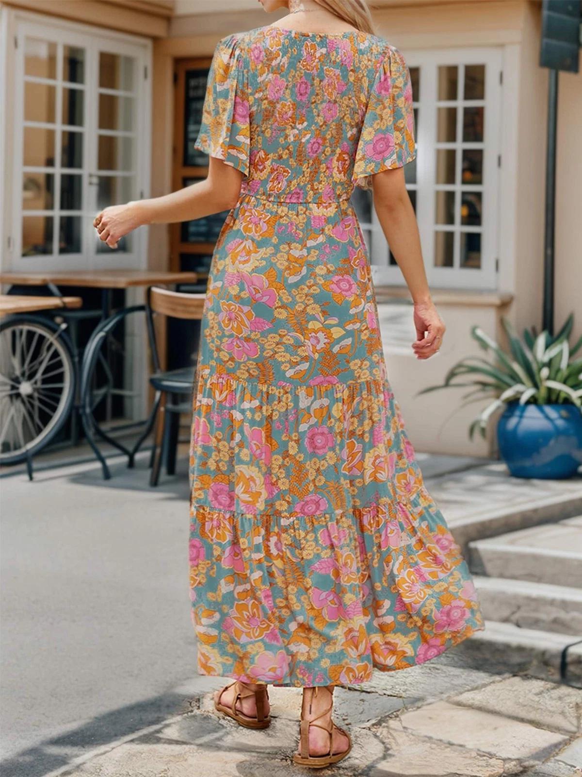 Womens Casual Floral Print Short Sleeve Crew Neck Smocked High Waist Maxi Dress Floral Print Women Dress Beach Summer Dress Gift for Wife