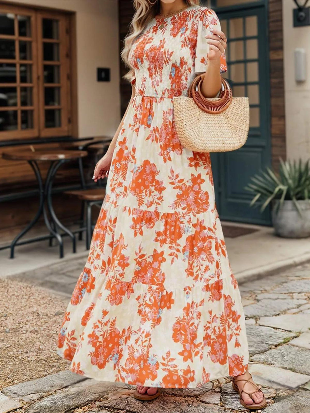 Womens Casual Floral Print Short Sleeve Crew Neck Smocked High Waist Maxi Dress Floral Print Women Dress Beach Summer Dress Gift for Wife
