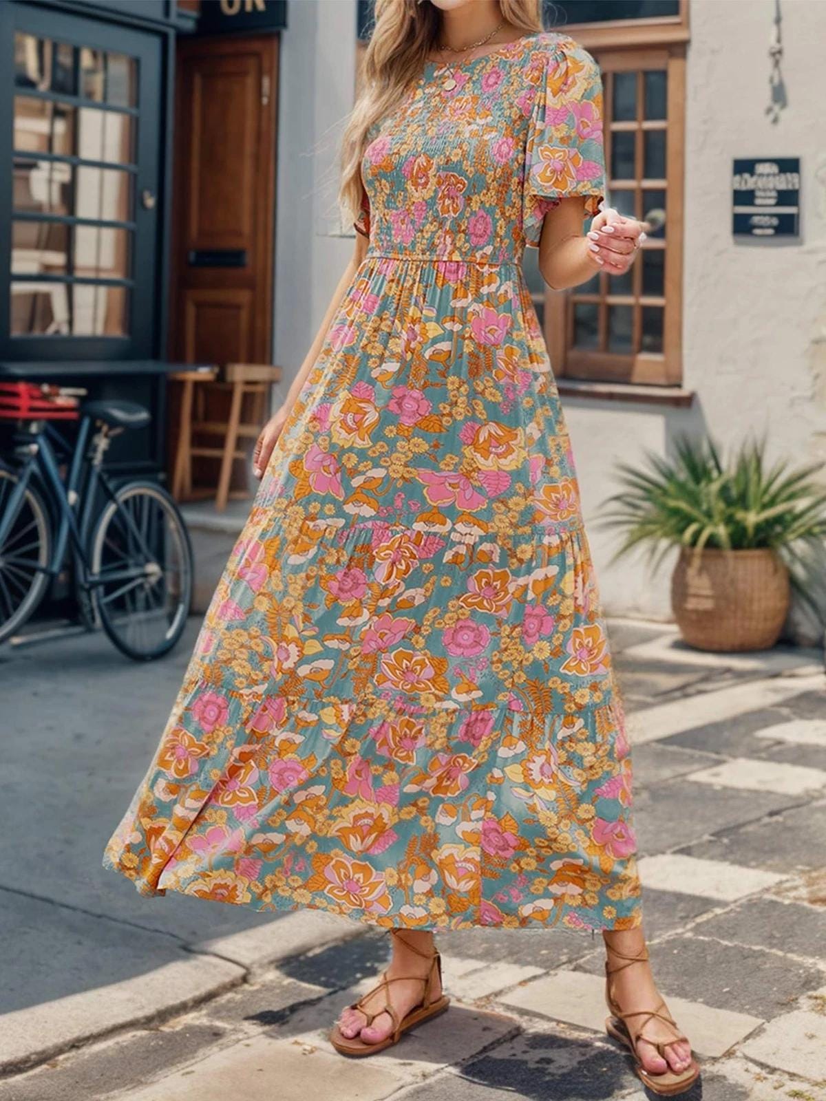 Womens Casual Floral Print Short Sleeve Crew Neck Smocked High Waist Maxi Dress Floral Print Women Dress Beach Summer Dress Gift for Wife
