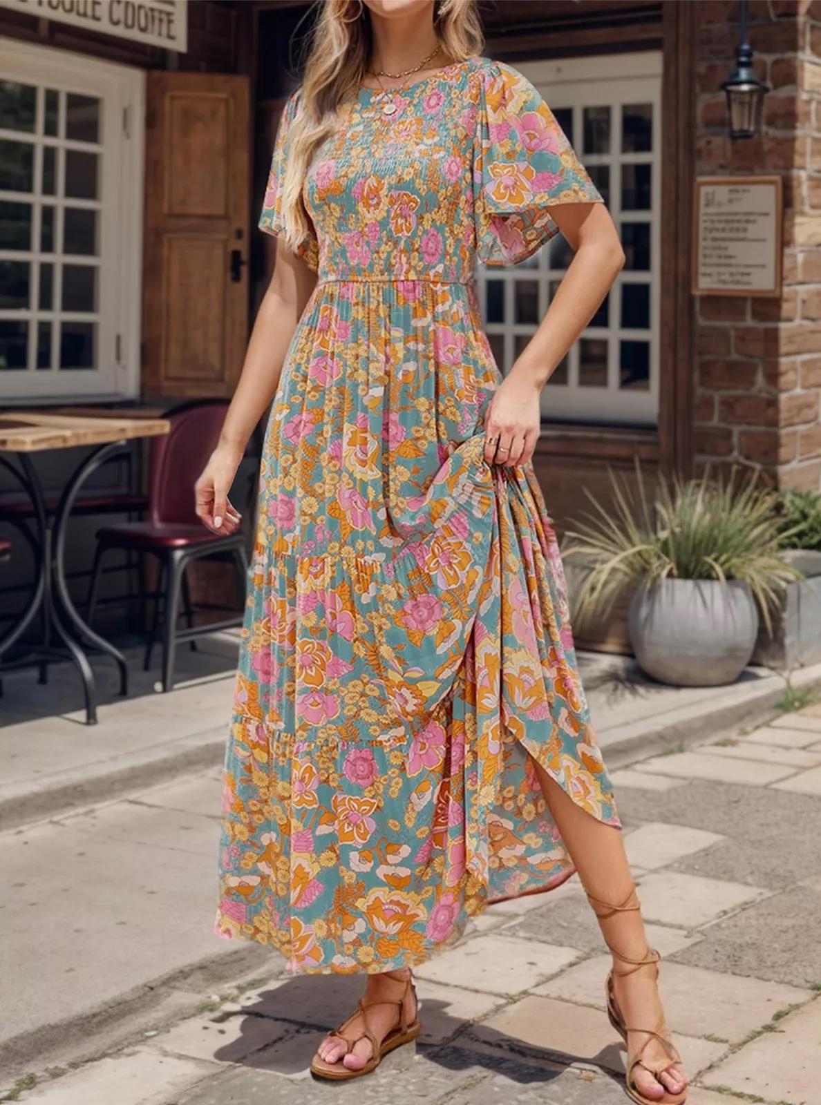 Womens Casual Floral Print Short Sleeve Crew Neck Smocked High Waist Maxi Dress Floral Print Women Dress Beach Summer Dress Gift for Wife