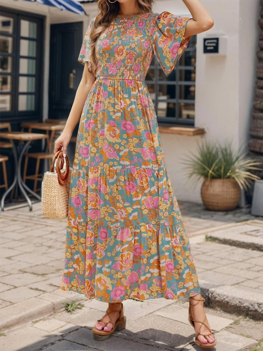 Womens Casual Floral Print Short Sleeve Crew Neck Smocked High Waist Maxi Dress Floral Print Women Dress Beach Summer Dress Gift for Wife
