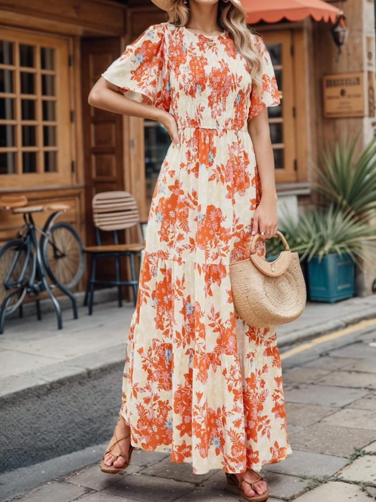 Womens Casual Floral Print Short Sleeve Crew Neck Smocked High Waist Maxi Dress Floral Print Women Dress Beach Summer Dress Gift for Wife