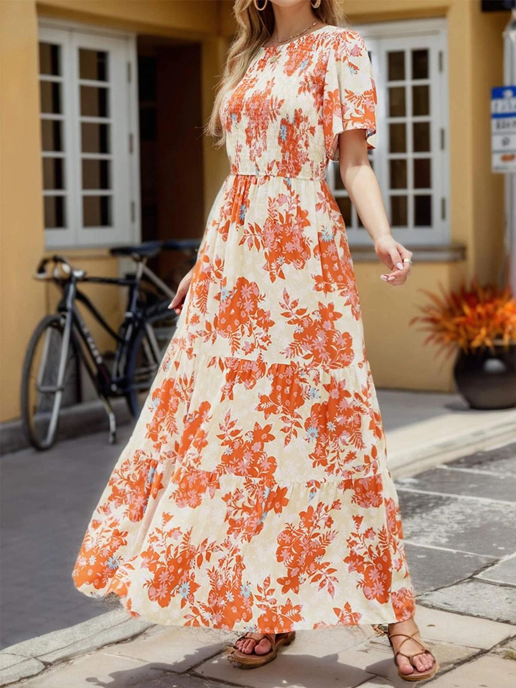 Womens Casual Floral Print Short Sleeve Crew Neck Smocked High Waist Maxi Dress Floral Print Women Dress Beach Summer Dress Gift for Wife