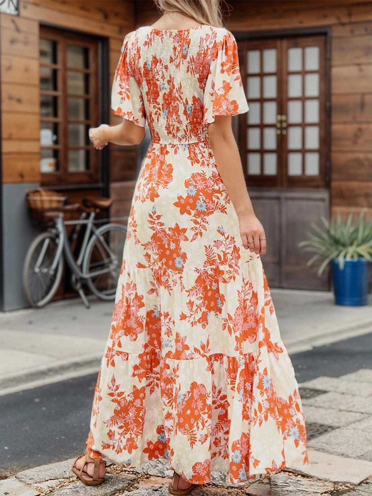 Womens Casual Floral Print Short Sleeve Crew Neck Smocked High Waist Maxi Dress Floral Print Women Dress Beach Summer Dress Gift for Wife