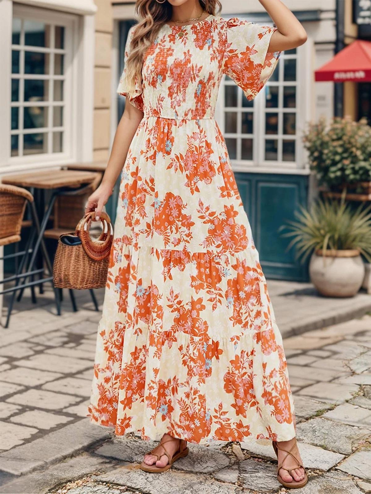 Womens Casual Floral Print Short Sleeve Crew Neck Smocked High Waist Maxi Dress Floral Print Women Dress Beach Summer Dress Gift for Wife