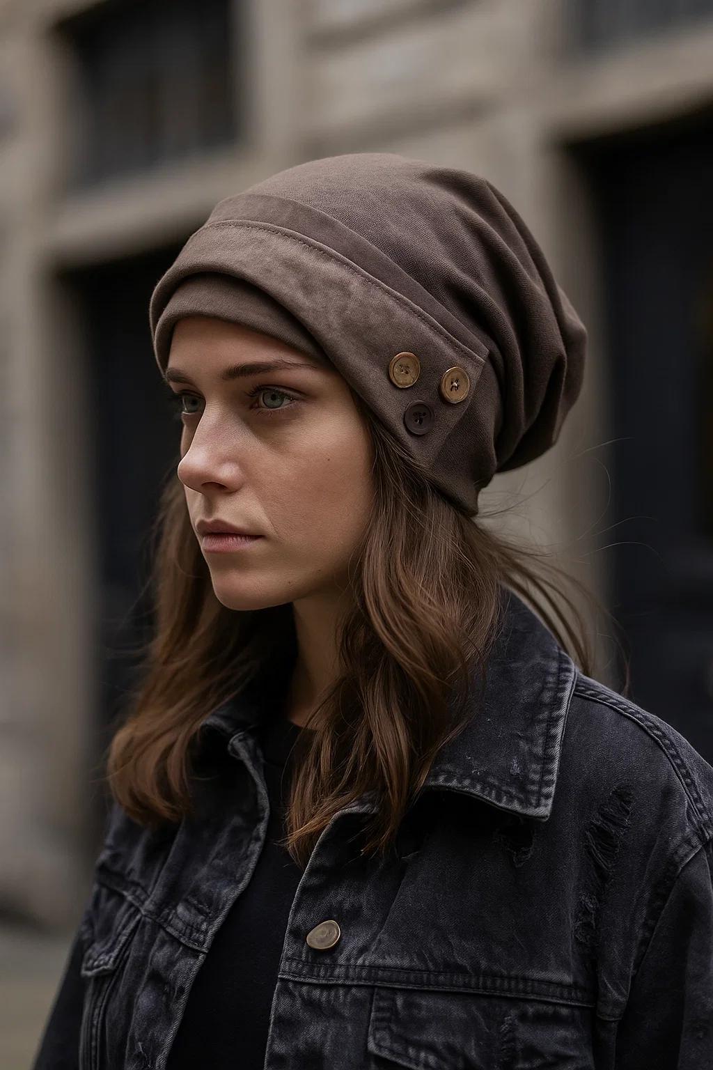 Handmade Patchwork Button Beanie: Women's Slouchy Knit Cap