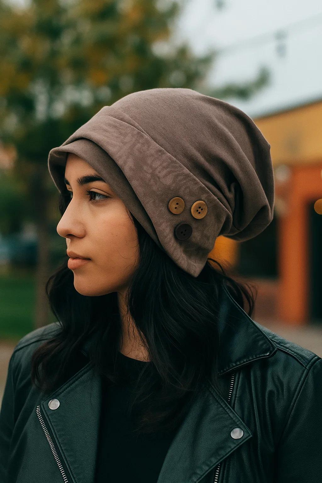 Handmade Patchwork Button Beanie: Women's Slouchy Knit Cap