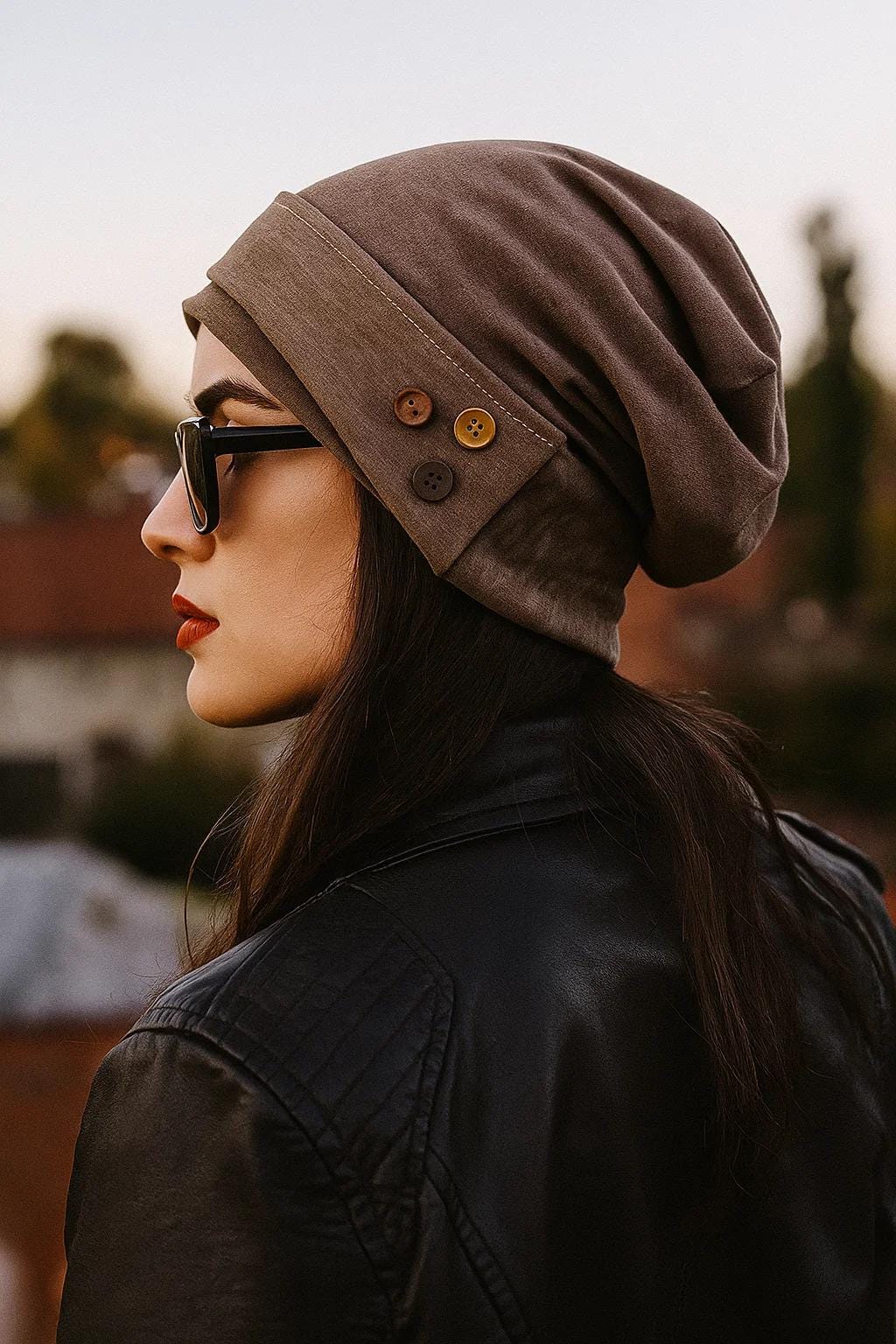 Handmade Patchwork Button Beanie: Women's Slouchy Knit Cap