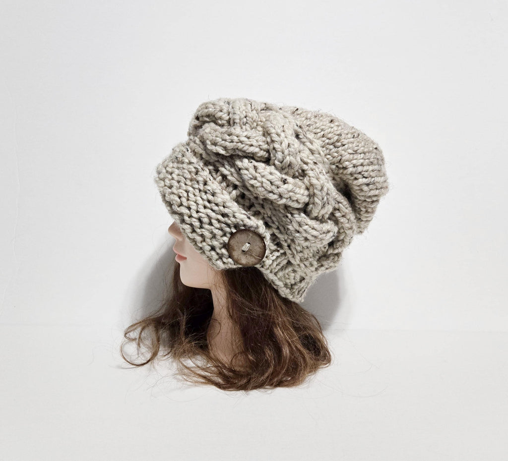 Chunky Knit Cloche Hat, Slouchy Cable Knit Beanie with Coconut Button, MADE TO ORDER