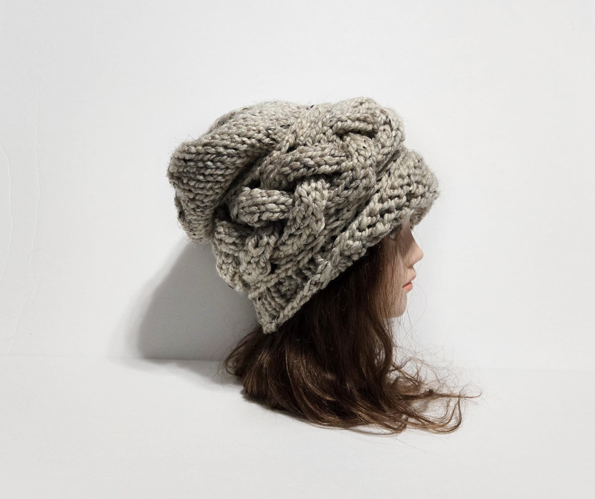Chunky Knit Cloche Hat, Slouchy Cable Knit Beanie with Coconut Button, MADE TO ORDER