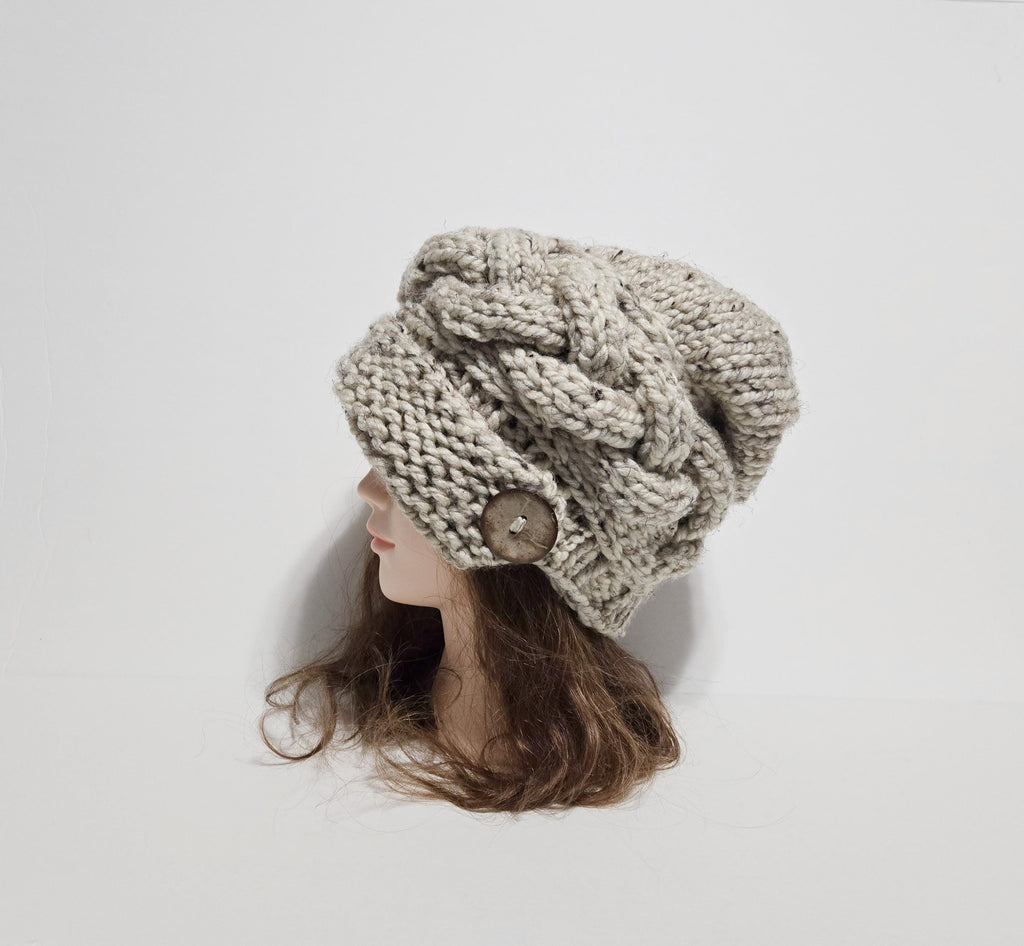 Chunky Knit Cloche Hat, Slouchy Cable Knit Beanie with Coconut Button, MADE TO ORDER