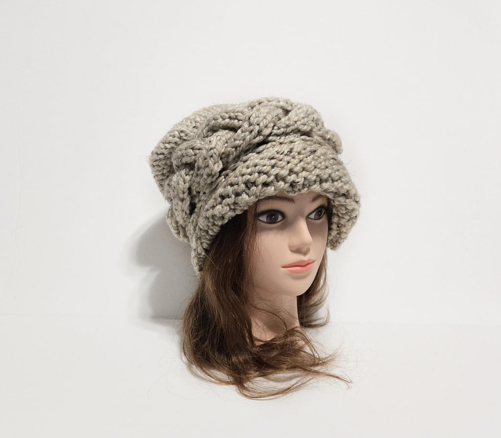 Chunky Knit Cloche Hat, Slouchy Cable Knit Beanie with Coconut Button, MADE TO ORDER