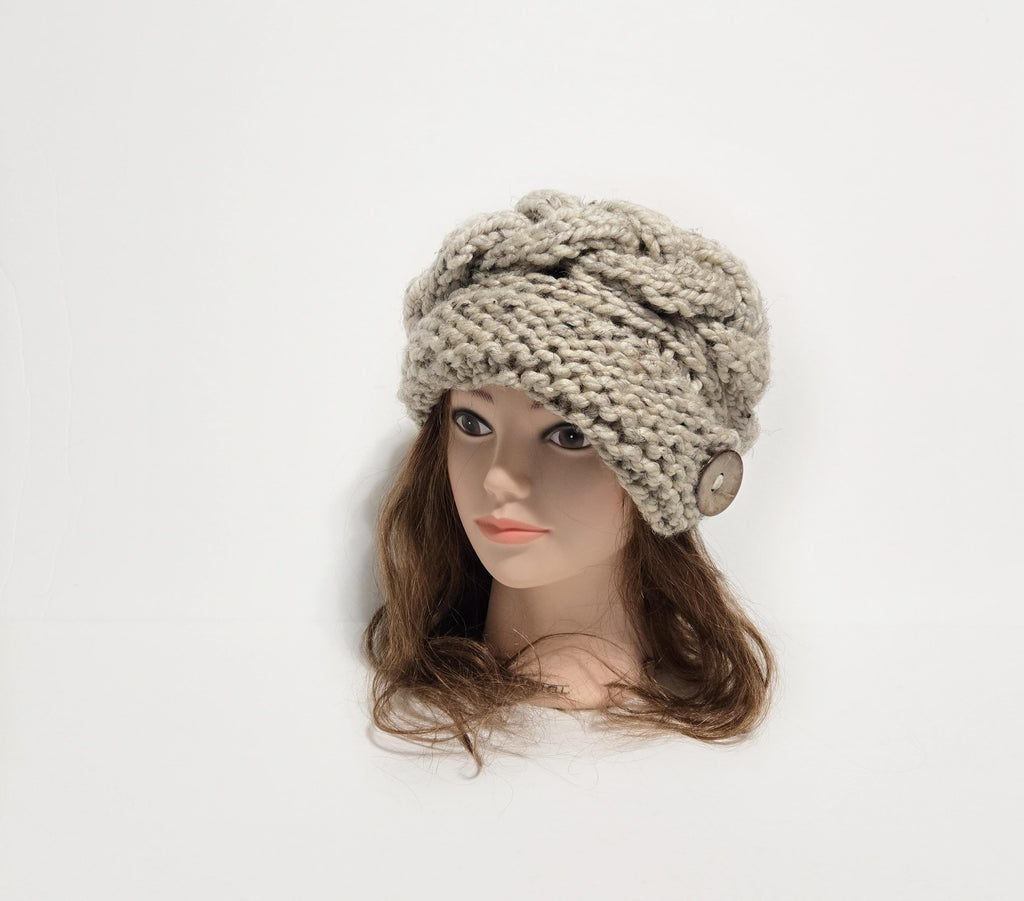 Chunky Knit Cloche Hat, Slouchy Cable Knit Beanie with Coconut Button, MADE TO ORDER