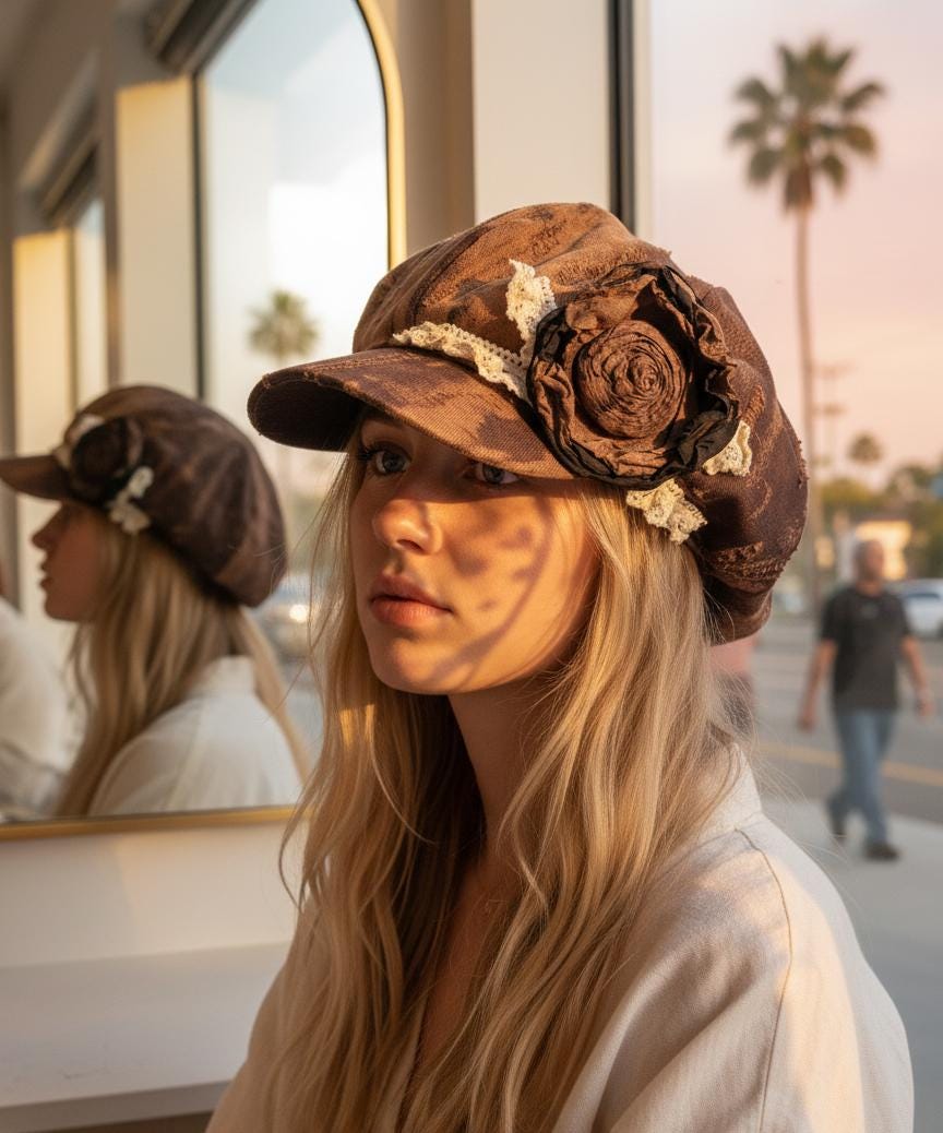 Handmade Vintage Patchwork Newsboy Hat with Wilted Rose Accent | Retro Dyed 8-Panel Cap | Fall Winter Fashion Women's Hat