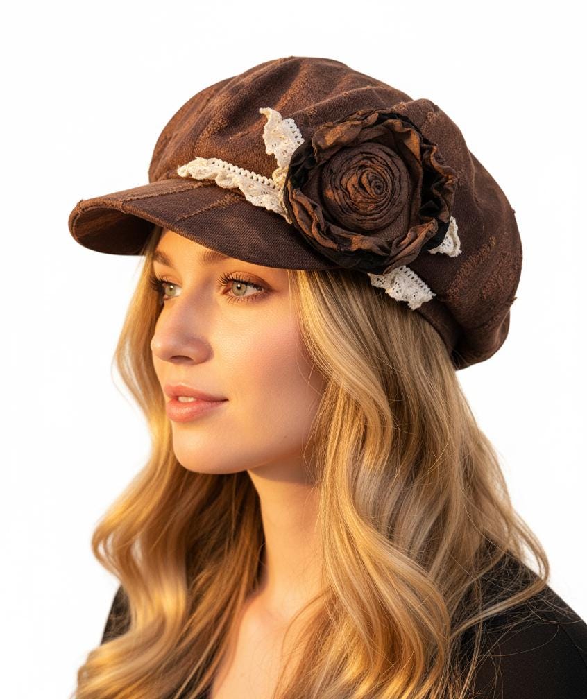 Handmade Vintage Patchwork Newsboy Hat with Wilted Rose Accent | Retro Dyed 8-Panel Cap | Fall Winter Fashion Women's Hat