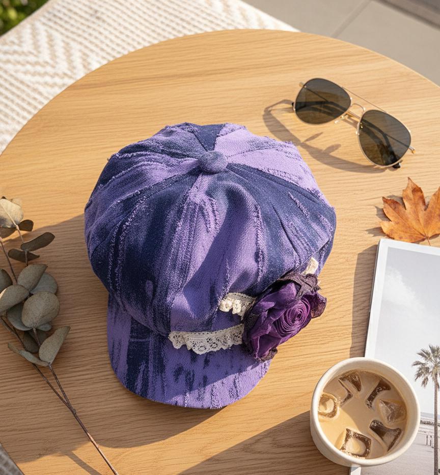 Handmade Vintage Patchwork Newsboy Hat with Wilted Rose Accent | Retro Dyed 8-Panel Cap | Fall Winter Fashion Women's Hat