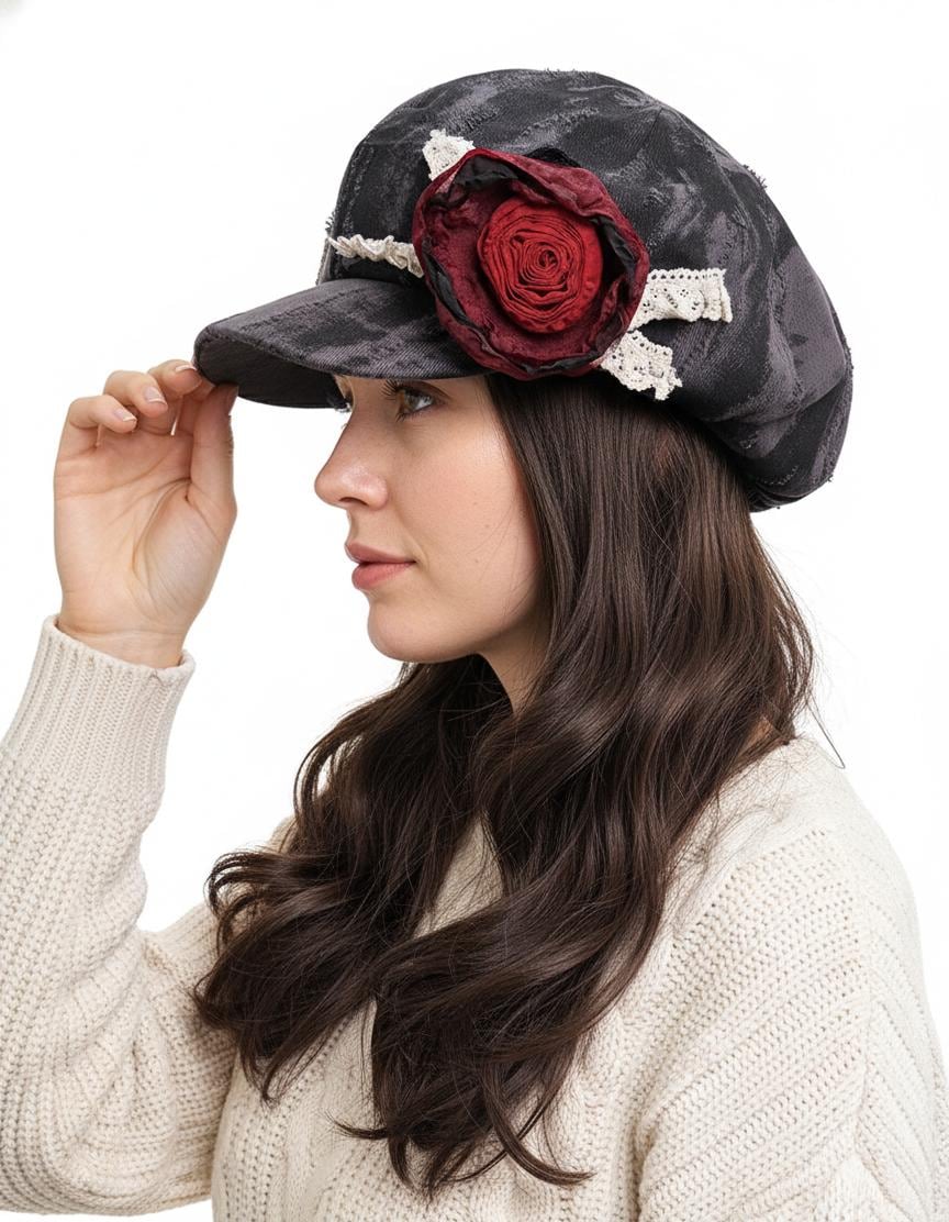 Handmade Vintage Patchwork Newsboy Hat with Wilted Rose Accent | Retro Dyed 8-Panel Cap | Fall Winter Fashion Women's Hat