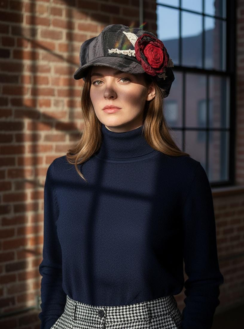 Handmade Vintage Patchwork Newsboy Hat with Wilted Rose Accent | Retro Dyed 8-Panel Cap | Fall Winter Fashion Women's Hat