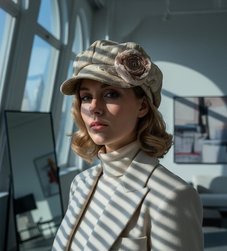 Handmade Vintage Patchwork Newsboy Hat with Wilted Rose Accent | Retro Dyed 8-Panel Cap | Fall Winter Fashion Women's Hat