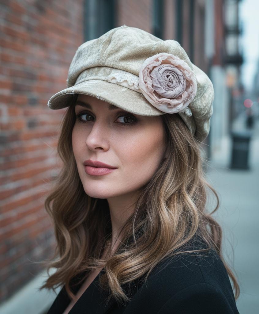 Handmade Vintage Patchwork Newsboy Hat with Wilted Rose Accent | Retro Dyed 8-Panel Cap | Fall Winter Fashion Women's Hat