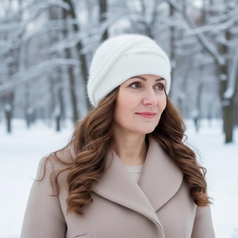 Women's Angora Wool Winter Hat – Double Layer Warm Beanie, Cozy Gift for Mom or Grandma