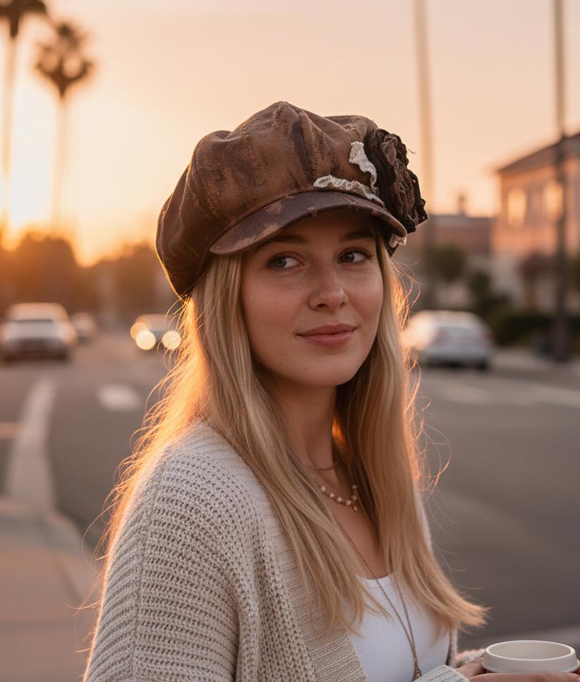 Handmade Vintage Patchwork Newsboy Hat with Wilted Rose Accent | Retro Dyed 8-Panel Cap | Fall Winter Fashion Women's Hat