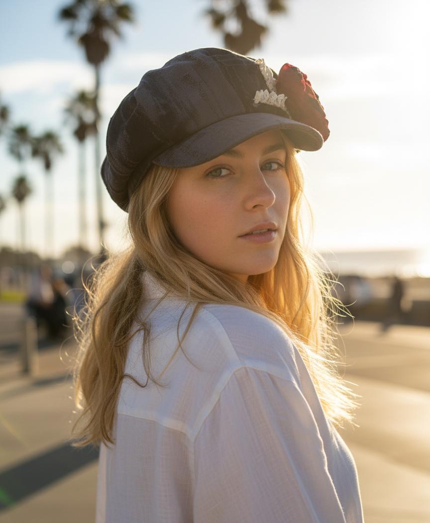 Handmade Vintage Patchwork Newsboy Hat with Wilted Rose Accent | Retro Dyed 8-Panel Cap | Fall Winter Fashion Women's Hat