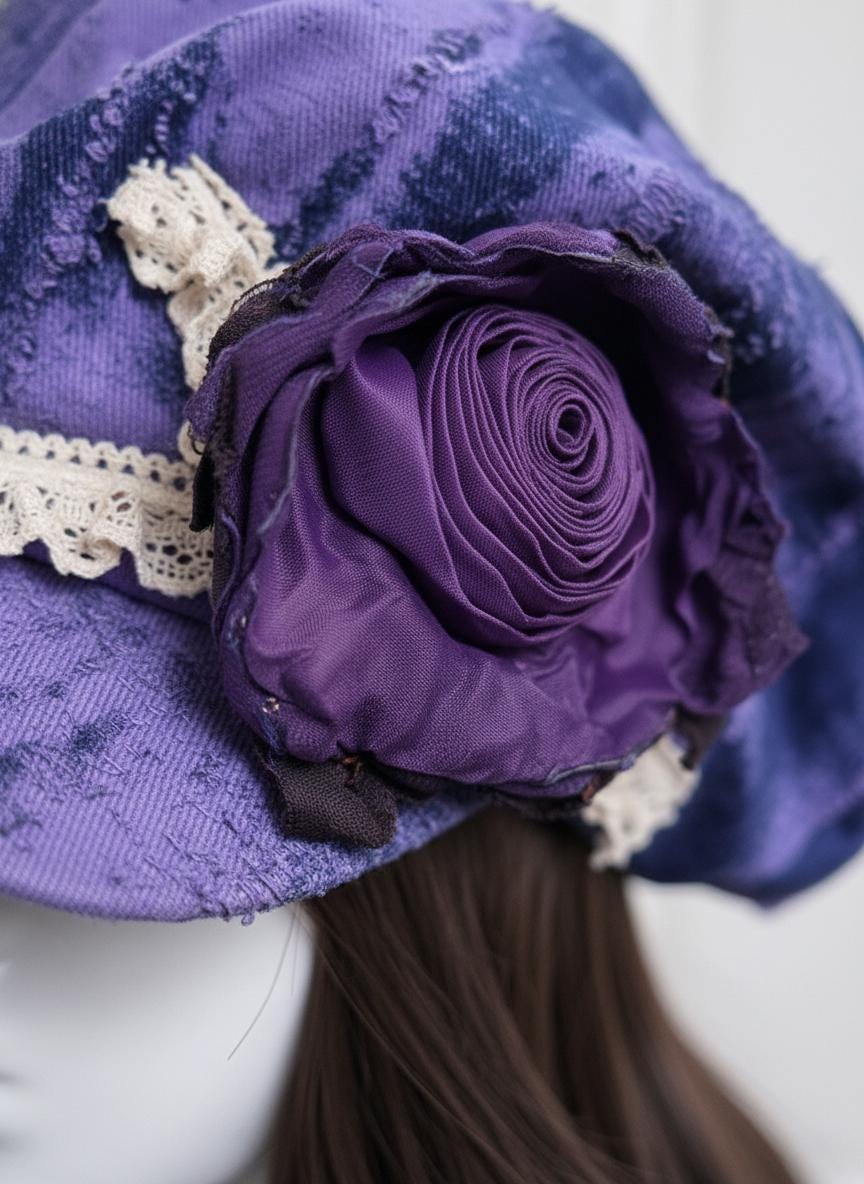 Handmade Vintage Patchwork Newsboy Hat with Wilted Rose Accent | Retro Dyed 8-Panel Cap | Fall Winter Fashion Women's Hat