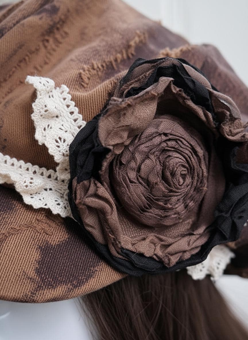 Handmade Vintage Patchwork Newsboy Hat with Wilted Rose Accent | Retro Dyed 8-Panel Cap | Fall Winter Fashion Women's Hat