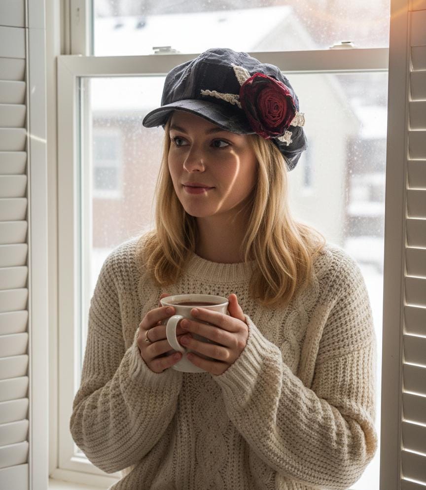 Handmade Vintage Patchwork Newsboy Hat with Wilted Rose Accent | Retro Dyed 8-Panel Cap | Fall Winter Fashion Women's Hat