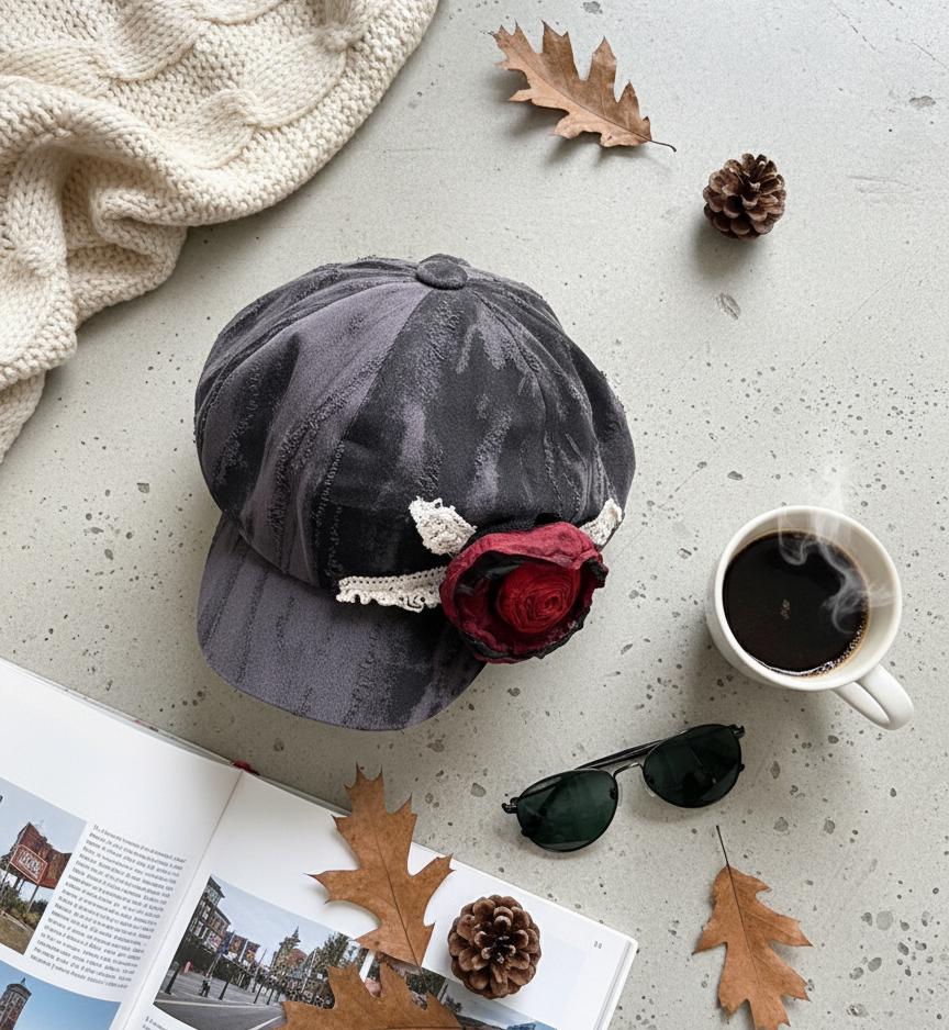 Handmade Vintage Patchwork Newsboy Hat with Wilted Rose Accent | Retro Dyed 8-Panel Cap | Fall Winter Fashion Women's Hat