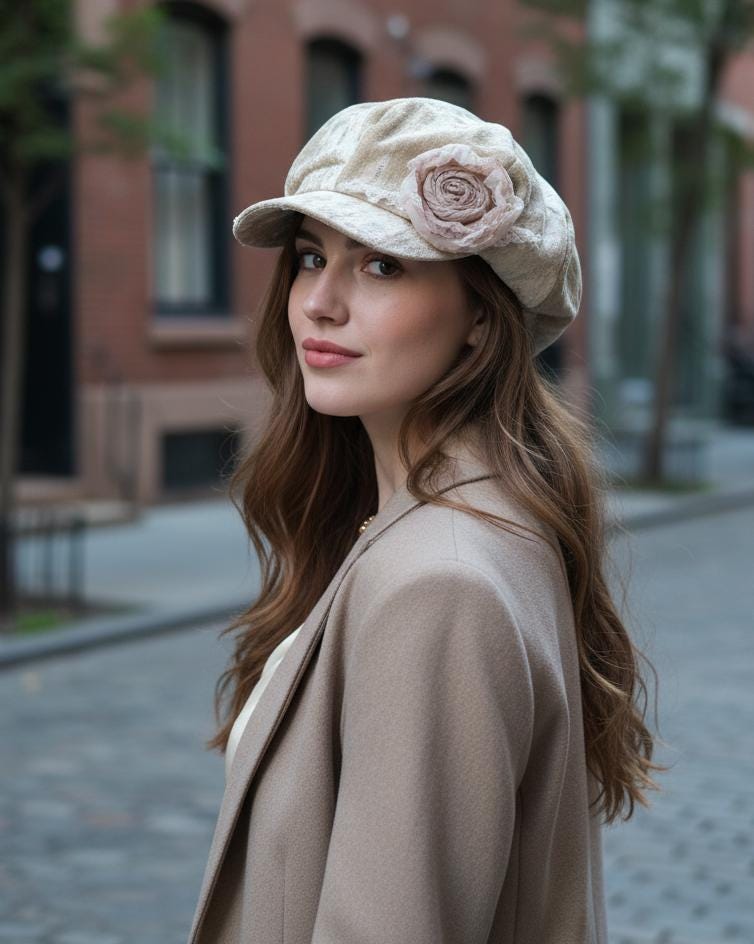 Handmade Vintage Patchwork Newsboy Hat with Wilted Rose Accent | Retro Dyed 8-Panel Cap | Fall Winter Fashion Women's Hat