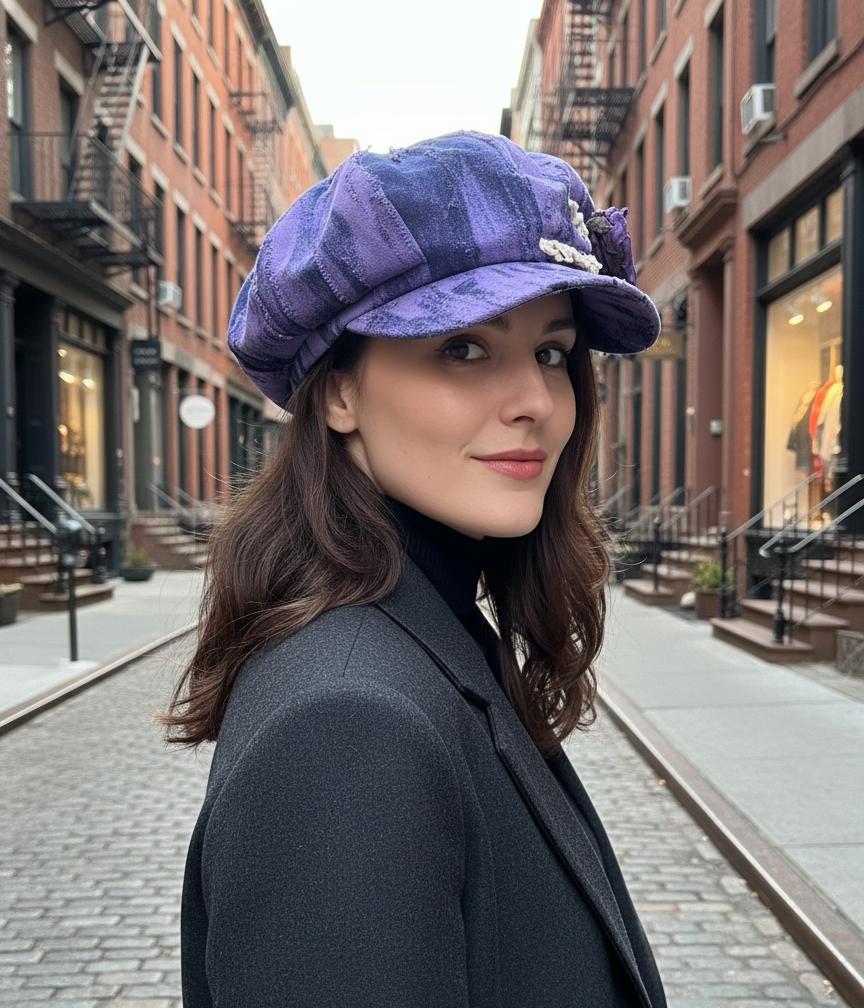 Handmade Vintage Patchwork Newsboy Hat with Wilted Rose Accent | Retro Dyed 8-Panel Cap | Fall Winter Fashion Women's Hat